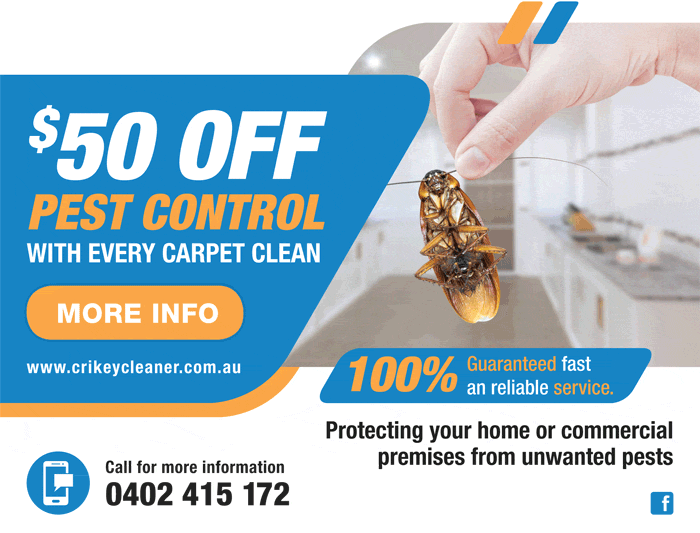 $50 OFF Pest Control with every carpet clean. | Crikey Cleaner Pro Steam Dry Advert
